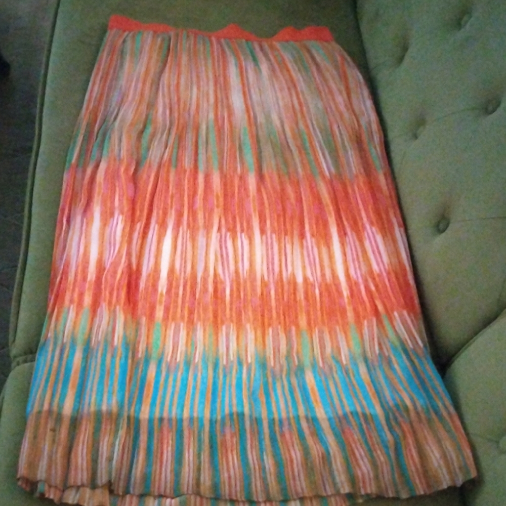 Ruby Rd. Multicolor Pleated Maxi Skirt in Orange, Blue & Green